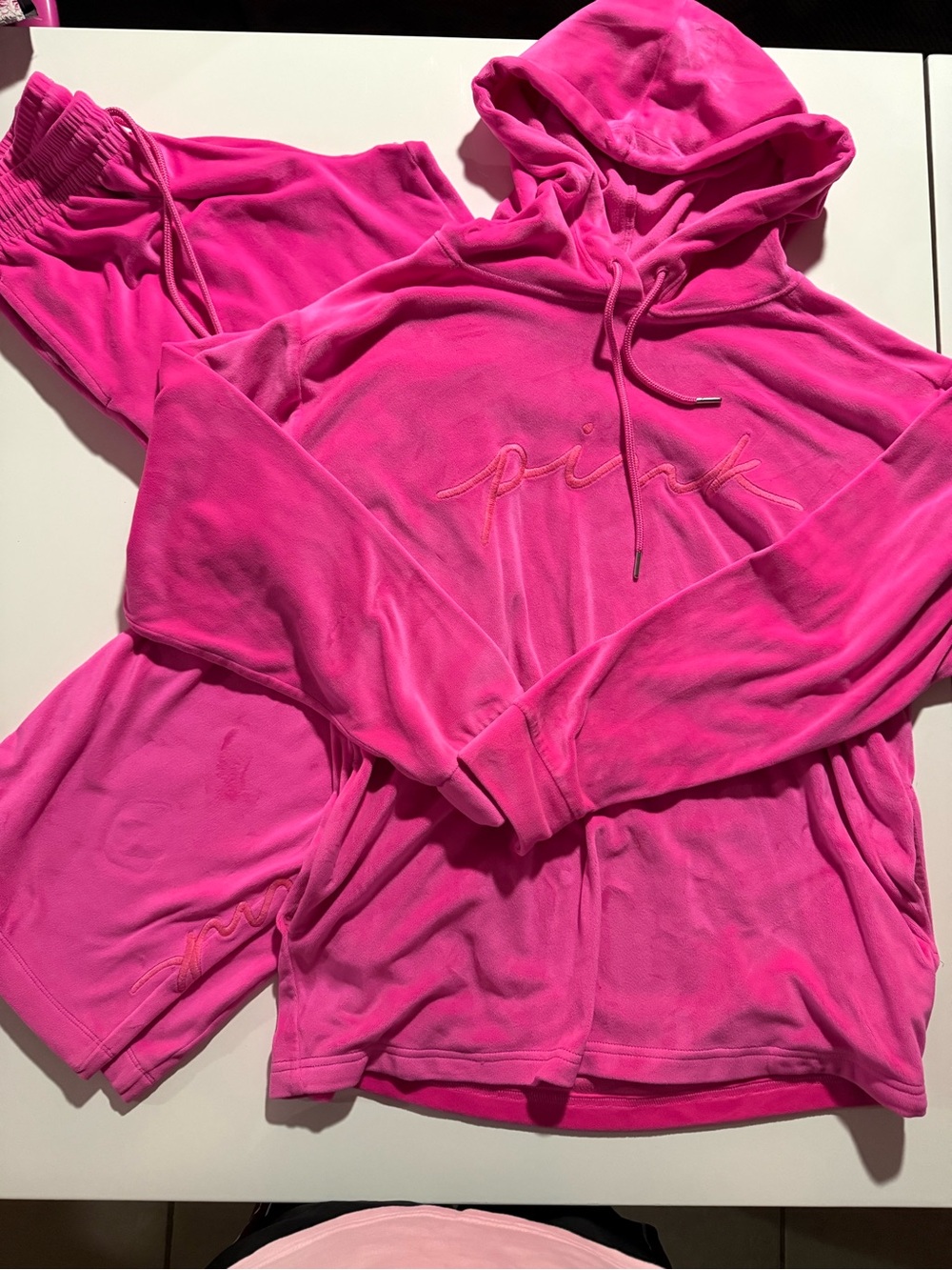PINK Victoria's Secret Hot Pink Plush Hoodie & Shorts Lounge Set